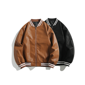 Blouson universitaire homme en laine de haute qualité avec manches en cuir, logo frontal, séchage rapide, brodé, col montant, style urbain, teint uni, pour l'hiver - Product Image 1