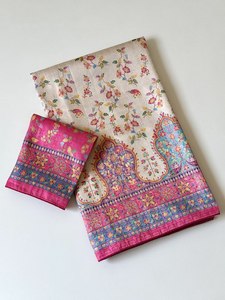 Sari en soie pour occasions spéciales – Impression numérique haut de gamme avec travail Jari et pièce de blouse assortie - Product Image 3