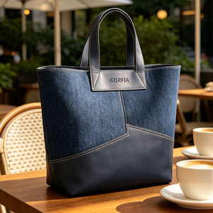 Bolso Tote de Mezclilla de Gran Capacidad para Mujer, Bolso de Mano de Tela Vaquera Azul Oscuro con Ribete de Cuero Vegano, Bolso de Hombro - Product Image 4