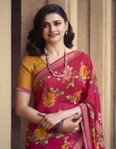 Sari indien traditionnel pour femmes, en polyester, imprimé floral, rouge avec bordure dorée, longueur au sol, pour les occasions de fête - Product Image 2