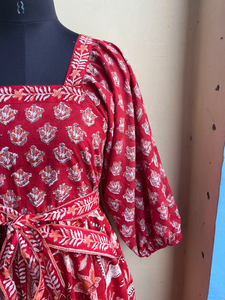 เดรสผ้าฝ้ายคอเหลี่ยมพิมพ์ลายบล็อกมือแบบมิดิเดรส คอเหลี่ยม เดรสลายดอกไม้ เดรสยาวแม็กซี่สำหรับผู้หญิง - Product Image 3