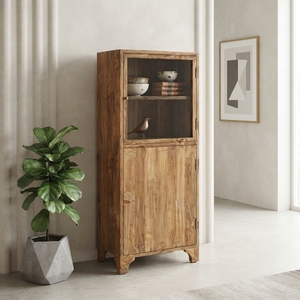 Solid Wood Storage Drawer Cabinet Modern Rustic Glass Door Display Shelf Teak Style Wooden Cupboard Home Drawers <b>Carts</b> Furniture - Product Image 3