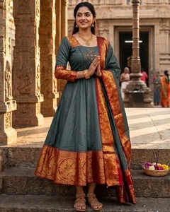 Women Ethnic Wear Traditional <b>Indian</b> Kanchi Cotton Kurtis Green With Orange Border Floor Length Wedding Wear Regular Fit - Product Image 1