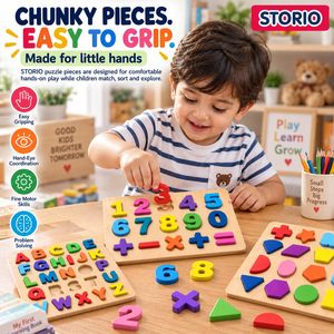 STORIO Juego de rompecabezas de madera con letras del alfabeto y números para niños, juguete educativo para aprender letras, matemáticas y geometría - Product Image 2