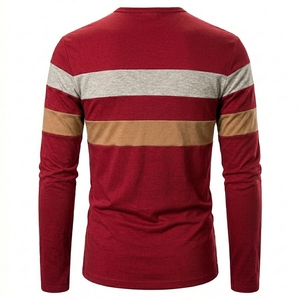 Mens Wine Red Henley Shirt Long Sleeve Color Block T Shirts Fashion Striped Cut Sew Cotton Knit Casual Pullover Tee Shirts Slim - Product Image 2