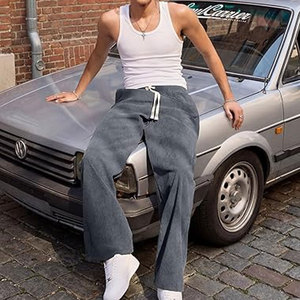 Pantalon en velours côtelé pour homme, décontracté, coupe ample, jambe large, style jogging, taille élastique avec cordon de serrage et poches, confortable - Product Image 5