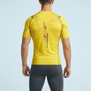 Men's Yellow Short Sleeve Compression Shirt Geometric Print Quick Dry Slim Fit Sporty O-Neck Knitted Polyester <b>Athletic</b> Top - Product Image 5