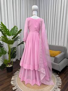 Vestido Anarkali Salwar Kameez de Georgette Rosa con Bordado de Hilo, Manga Larga, para Bodas y Fiestas, para Mujer - Product Image 5
