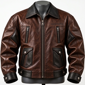 <b>Mens</b> <b>Brown</b> <b>Leather</b> <b>Jacket</b> Vintage Zip Up Biker Style <b>Jacket</b> Stand Collar Multiple Pockets Custom OEM Wholesale - Product Image 3