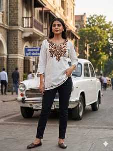 <b>Indian</b> Trendy Blue Embroidered Cotton TunicWith White Pants Traditional <b>Indian</b> Casual Wear Regular Fit All Seasons Style <b>Top</b> - Product Image 5