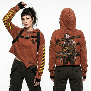 Sweat à capuche zippé personnalisé bleu roi délavé pour femme, imprimé graphique éclair, motif zombie électrique, en molleton vieilli, style streetwear - Product Image 2