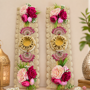 Luxury Floral Diya Wall Hanging Pair Handmade Wedding <b>Mandir</b> Decor Pearl Gold Patti Pooja Festival Home Gift Item - Product Image 3