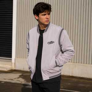 Men's <b>Light</b> Gray Satin Bomber <b>Jacket</b> with Embroidered Custom Logo Front Stand Collar Pullover Closure Casual Winter Wear - Product Image 1