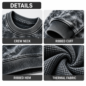 Acid Wash Sweatshirt <b>Men</b> Vintage <b>Grey</b> Waffle Thermal Pullover Wholesale Supplier - Product Image 3