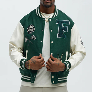 White Green Ribbed Collar Button Front Solid <b>Pattern</b> Eco-Friendly Melton Wool PU Leather Unisex Loose Fit College <b>Jackets</b> - Product Image 1