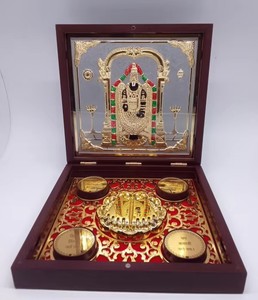 Ensemble cadeau religieux hindou de luxe fait main en acier inoxydable plaqué or, durable, écologique, décoration artistique, Lakshmi Saraswati moulée - Product Image 1