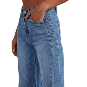 Jeans de Pierna Ancha para Mujer, Cintura Alta, Elásticos, con Dobladillo sin Rematar, Estilo Casual, Fabricados en Bangladesh - Product Image 3