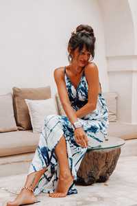 Robe maxi pour femme, bleu et blanc, tie-dye, écologique, lavable, manches courtes, été, plage - Product Image 2