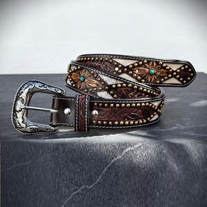 Ceinture Western de luxe, sculptée à la main, motif feuille de cowboy, avec boucle en laiton à motifs floraux, longueur personnalisée - Product Image 6
