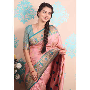 Sari de Seda Paithani Tejido con Zari Rosa Bebé, Ropa India y Pakistaní, Tejidos de Primera Calidad, 650g - Product Image 4