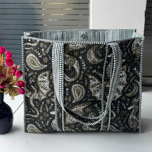 Bolso Tote de Algodón Acolchado con Estampado Artesanal Indio, Estilo Duffle con Cierre, para Mujer, Primavera/Verano, Compras, Viajes, Uso Diario - Product Image 1