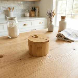 Pot à sel en bambou avec couvercle et cuillère, rangement minimaliste pour la cuisine - Product Image 3