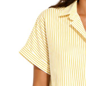 Camisa corta a rayas amarillas y blancas personalizada para mujer, con logotipo bordado personalizado, manga corta, con botones, blusa informal de verano, OEM - Product Image 3