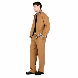 Blouson bomber camel pour homme avec doublure à carreaux, col montant, fermeture éclair, style décontracté, vêtement d'automne - Product Image 3