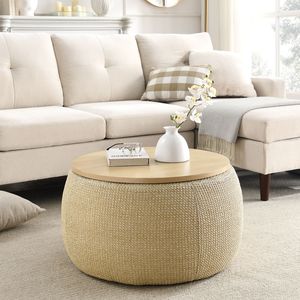 ออตโตมันทรงกลมอเนกประสงค์ 2 in 1 สีธรรมชาติ ขนาด 25.5"x25.5"x14.5" ใช้เป็นโต๊ะข้างและออตโตมัน - Product Image 2