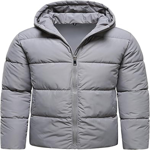 Veste matelassée à capuche pour homme, grise, coupe-vent, épaisse, en polyester, hiver, décontractée, fermeture éclair, coupe régulière, couleur unie - Product Image 1