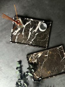 Plateau de service rectangulaire en marbre noir et or, pierre naturelle, décoration de luxe pour la maison, résistant au feu, revêtement mural de cuisine - Product Image 4