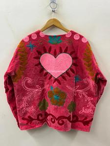 Abrigo Bohemio de Terciopelo Rosa Bordado con Patrón de Paisley en Forma de Corazón, Cuello Redondo, Manga Farol, Talla Grande, Ropa Exterior para Mujer, Ropa de Otoño - Product Image 2