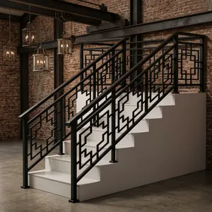 Rampe d'escalier moderne en métal noir avec main courante à motif géométrique pour maison, villa, bureau, balcon et décoration intérieure sécurisée - Product Image 3