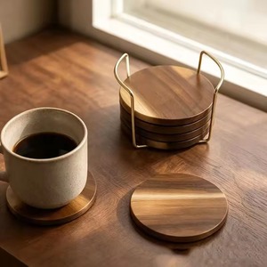 Handmade Acacia Natural Wood & <b>Epoxy</b> Resin Inlay Round Coasters Set of 6 with Gold <b>Metal</b> Holder REHMAN CRAFT - Product Image 3