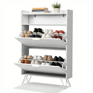 Two-Compartment Shoe Cabinet with High Legs Slatted Front and Side Panels Top-<b>Opening</b> Lids Two Hooks Partic Shoe Racks - Product Image 4