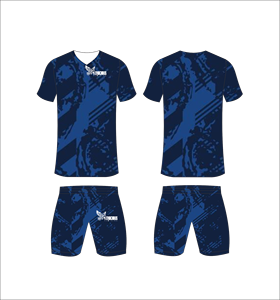 ชุดเสื้อฟุตบอลและกางเกงขาสั้นแบบซับลิเมชั่นสั่งทำพิเศษสำหรับผู้ชาย คอวี แห้งเร็ว ชุดกีฬาลายสีน้ำเงิน ชุดทีม - Product Image 1