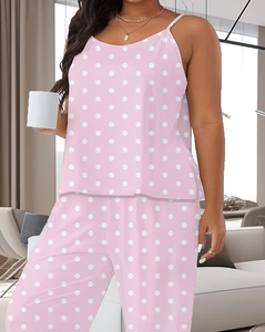 Women Pink Polka Dot Sleeveless Spaghetti Strap Pajama Set Knitted Soft Elastic Waist Full Length Sleepwear Casual Summer Wear - Product Image 2