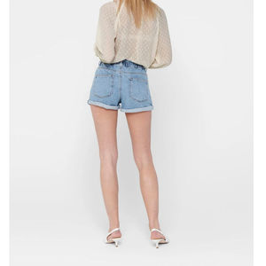 Shorts en jean bleu personnalisés taille haute boutonnés en coton pour femme, élastiques, décontractés, écologiques, imperméables, de haute qualité - Product Image 3