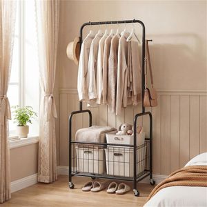 Porte-vêtements roulant en métal noir 3 en 1 avec panier de rangement et crochets pour chambre à coucher ou séchoir à linge - Product Image 3