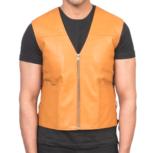 <b>Men</b>’s Orange Leather Biker Vest Front Zipper Classic Motorcycle Sleeveless <b>Jacket</b> Minimalist Style Genuine Leather Riding Vest - Product Image 1