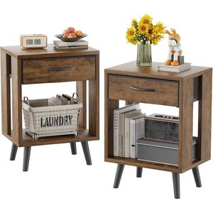 Dark Rustic Brown Bedroom <b>Side</b> Tables Set of 2 Nightstands with Fabric Drawers and Open Shelves Bedside Table Nightstands - Product Image 1