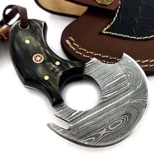 Couteau Ulu Alaskan à lame fixe en acier Damas, couteaux de cuisine avec étui en cuir - Product Image 3