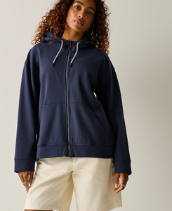 <b>Women's</b> <b>Navy</b> Zip up Hoodie Drop Shoulder <b>Fleece</b> Sweatshirt with Drawstring 100% Cotton Eco-Friendly Embroidered - Product Image 1