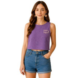 Top Corto Morado con Bordado Floral para Mujer, Chaleco de Verano sin Mangas de Algodón, Logotipo Personalizado, Moda Casual Urbana - Product Image 1