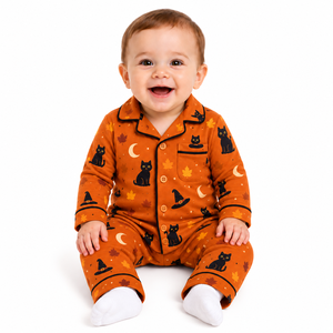 Ensemble pyjama d'Halloween pour bébé, motif chat noir, chapeau de sorcière, feuille de lune, chemise à manches longues avec boutons, pantalon, vêtements de nuit pour nourrissons - Product Image 1