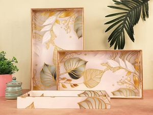 Plateau de service rectangulaire en bois fait main avec motif de feuilles, résistant à la chaleur, design moderne pour la décoration de la maison et les cadeaux de mariage - Product Image 5