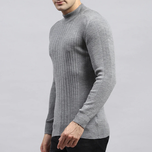 Pull en laine côtelé gris pour homme, col montant, manches longues, tricoté, couleur unie, coupe standard, hiver - Product Image 2