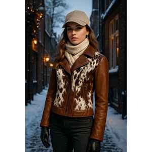 <b>Women's</b> Genuine Leather <b>Jacket</b> <b>Brown</b> Cowhide Patchwork V-neck Thick Windproof Anti-Wrinkle Full Sleeve Zipper Closure - Product Image 3