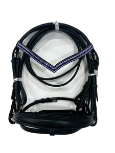 Black Leather Horse <b>Bridle</b> with Blue Rhinestone Trim V-Shaped Design with Genuine Leather Blue Browband SADAF SADDLERY SS-BB-44 - Product Image 1