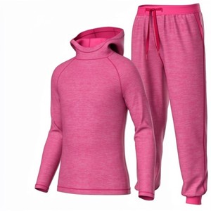 Ensemble de survêtement unisexe 100 % coton rose à capuche, col montant, manches longues, en molleton tricoté, 2 pièces, longueur intégrale, écologique et respirant - Product Image 1